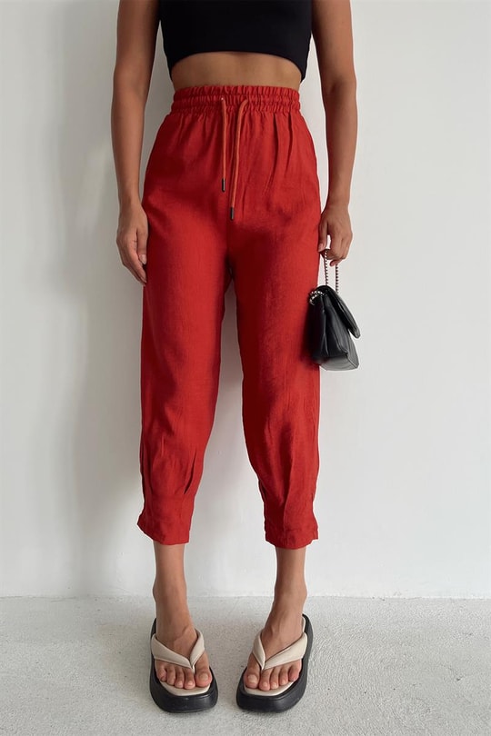 Bel Bağcıklı Keten Baggy Pantolon Kiremit