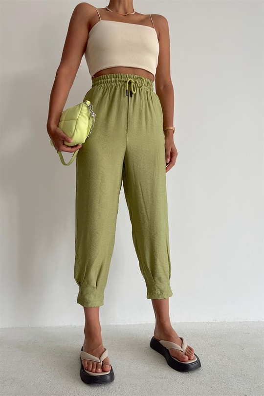 Bel Bağcıklı Keten Baggy Pantolon Fıstık Yeşili