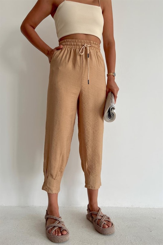 Bel Bağcıklı Keten Baggy Pantolon Camel