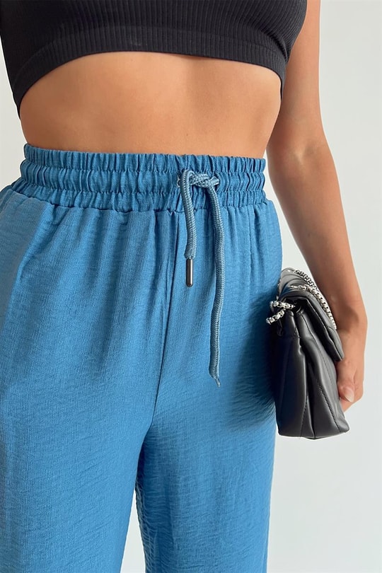 Bel Bağcıklı Keten Baggy Pantolon İndigo