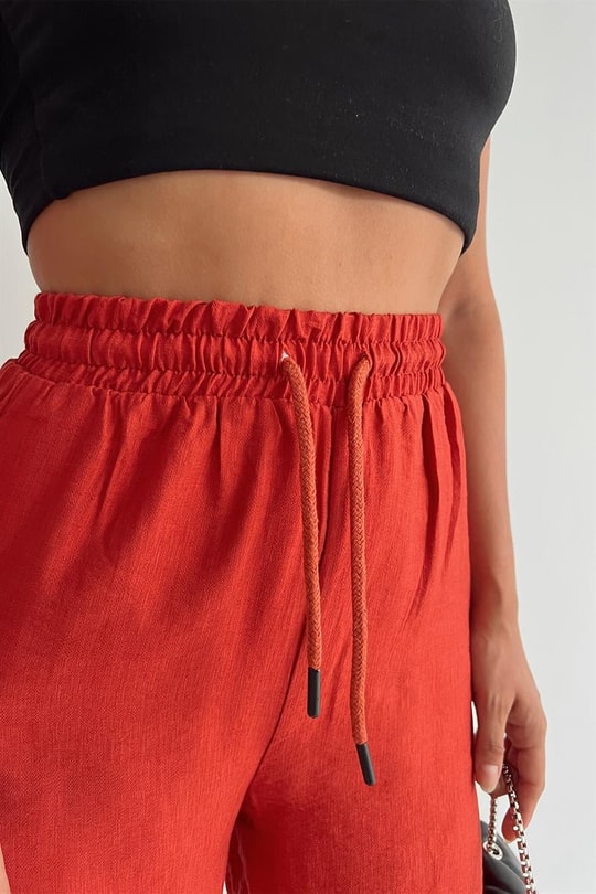 Bel Bağcıklı Keten Baggy Pantolon Kiremit