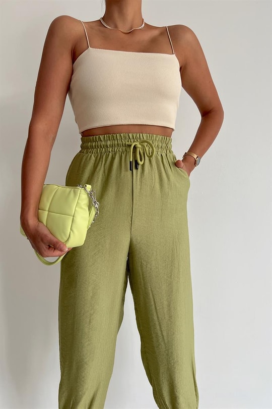 Bel Bağcıklı Keten Baggy Pantolon Fıstık Yeşili