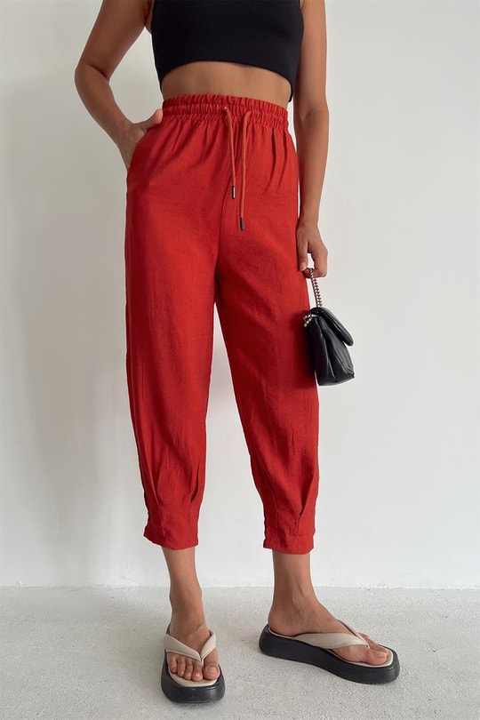 Bel Bağcıklı Keten Baggy Pantolon Kiremit