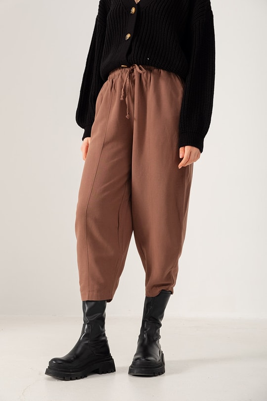 Bel Bağcıklı Keten Pantolon Kahve