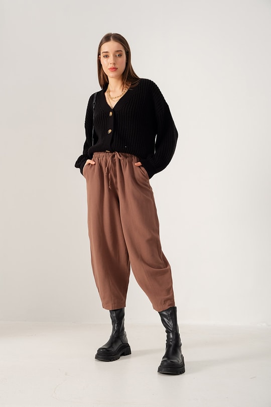 Bel Bağcıklı Keten Pantolon Kahve