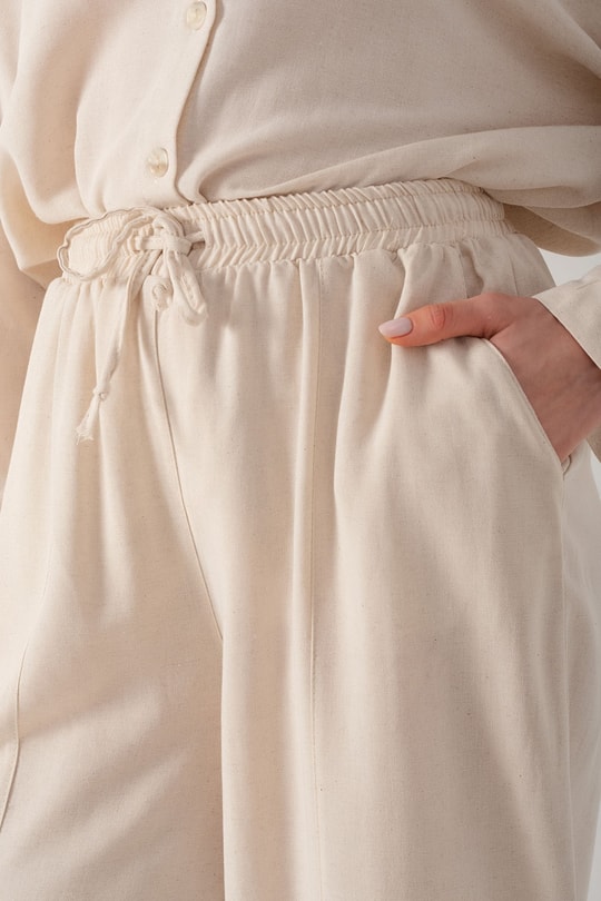 Bel Bağcıklı Keten Pantolon Taş