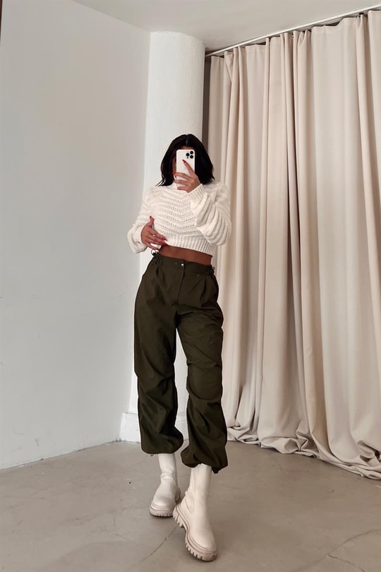 Bel Büzgülü Straight Fit Pantolon Haki