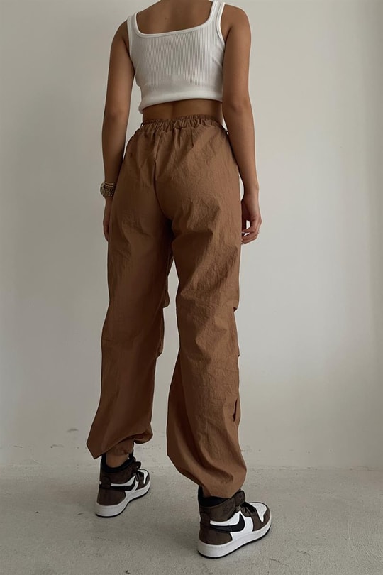 Bel Büzgülü Straight Fit Pantolon Camel