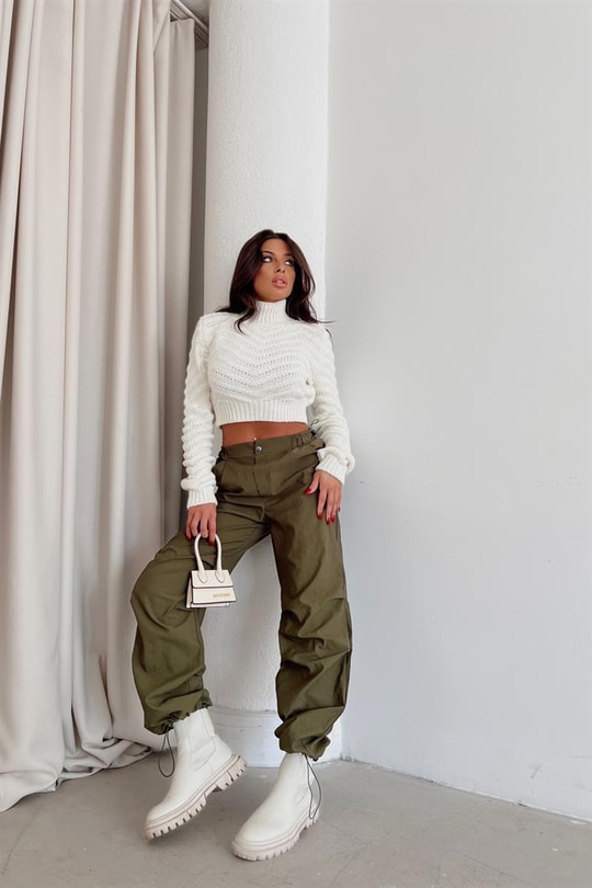 Bel Büzgülü Straight Fit Pantolon Haki