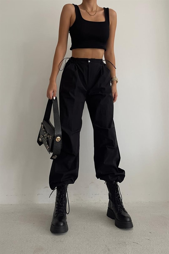 Bel Büzgülü Straight Fit Pantolon Siyah