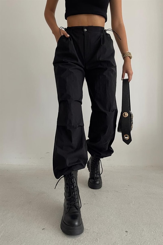 Bel Büzgülü Straight Fit Pantolon Siyah