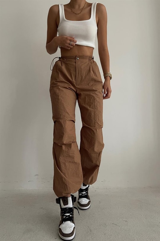 Bel Büzgülü Straight Fit Pantolon Camel