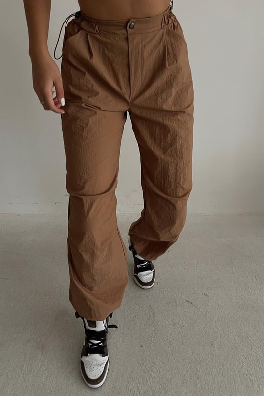 Bel Büzgülü Straight Fit Pantolon Camel