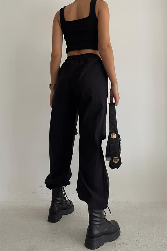 Bel Büzgülü Straight Fit Pantolon Siyah