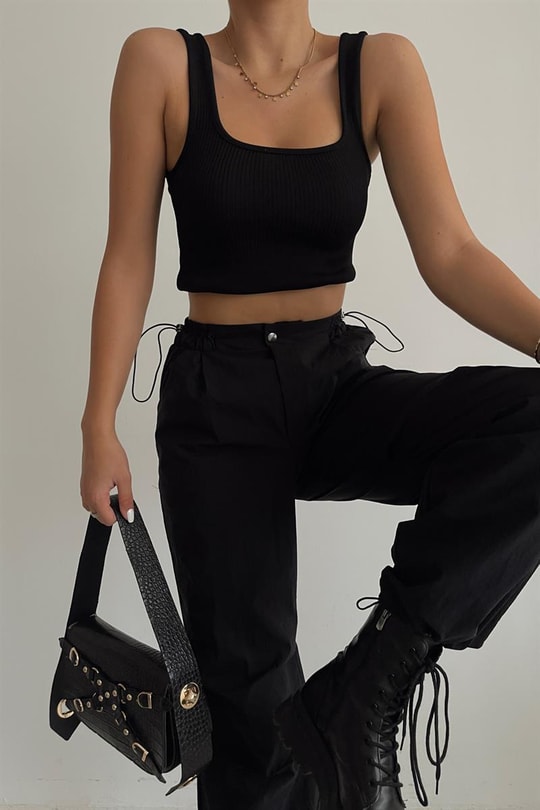 Bel Büzgülü Straight Fit Pantolon Siyah