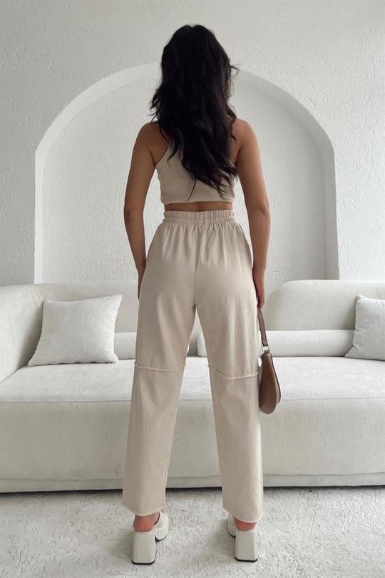 Bel Gipeli Crop Yama Pantolon Taş