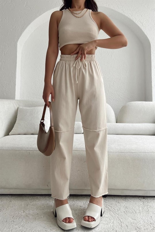 Bel Gipeli Crop Yama Pantolon Taş