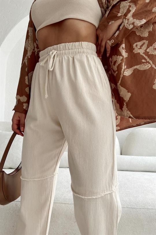 Bel Gipeli Crop Yama Pantolon Taş