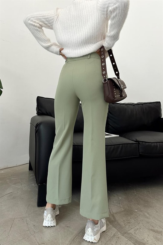 Bel Kapamalı Geniş Paça Pantolon Çağla Yeşili