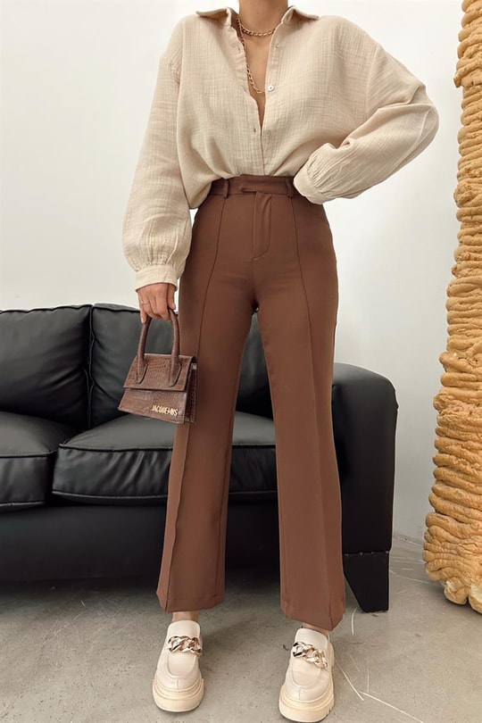 Bel Kapamalı Geniş Paça Pantolon Kahve