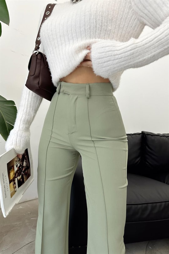 Bel Kapamalı Geniş Paça Pantolon Çağla Yeşili