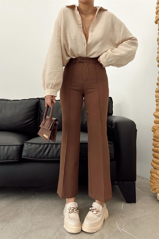 Bel Kapamalı Geniş Paça Pantolon Kahve