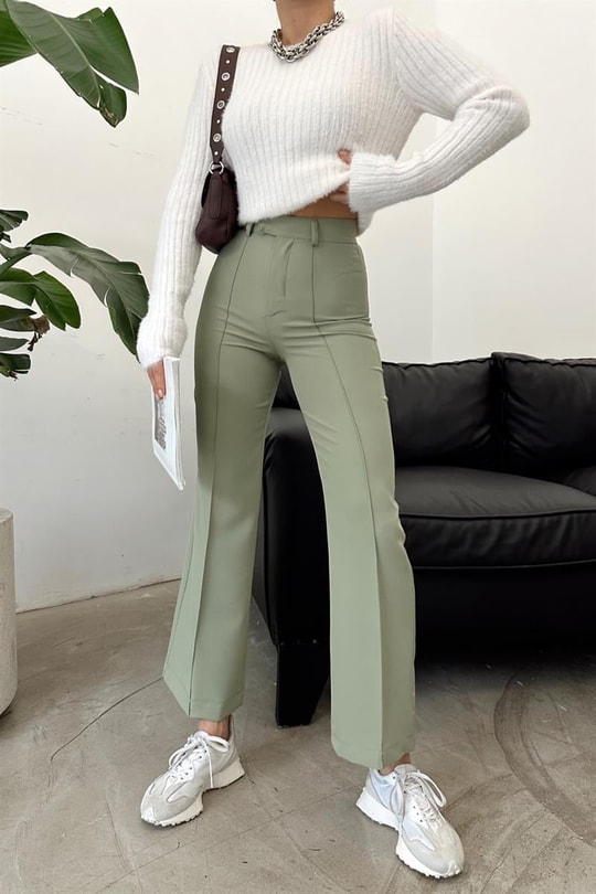 Bel Kapamalı Geniş Paça Pantolon Çağla Yeşili