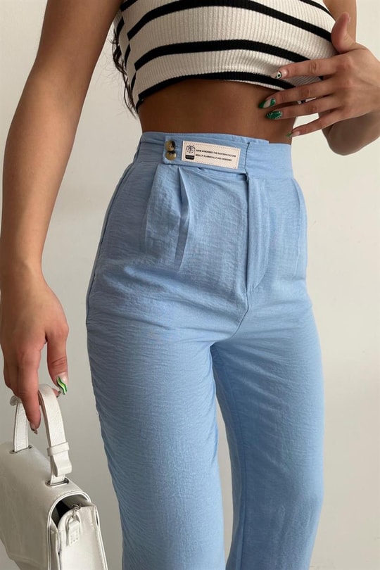 Bel Kapamalı Keten Straight Pantolon Bebe Mavi