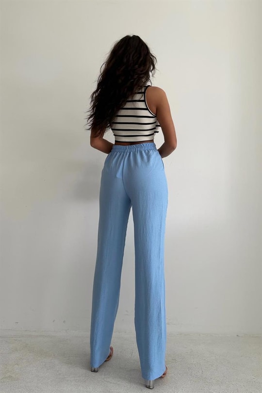 Bel Kapamalı Keten Straight Pantolon Bebe Mavi