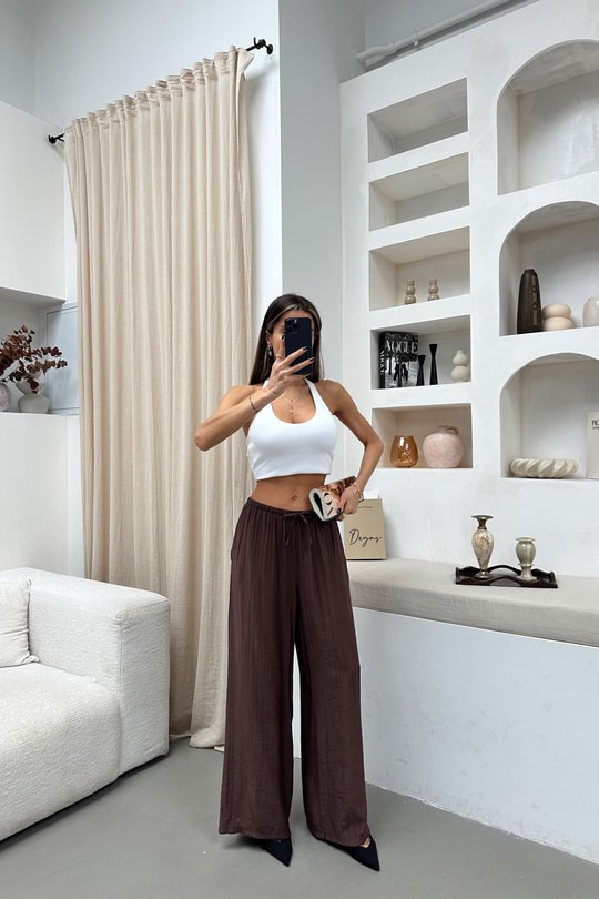 Beli Bağcıklı Geniş Paça Pantolon Kahve