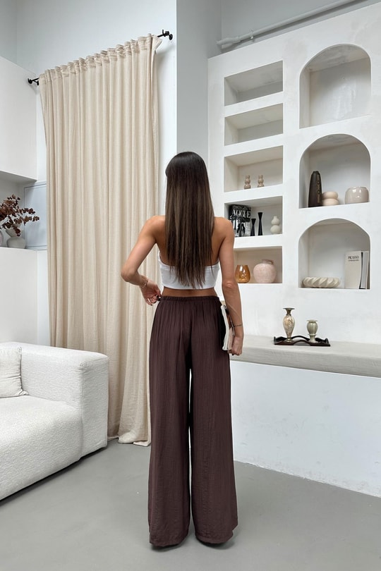 Beli Bağcıklı Geniş Paça Pantolon Kahve