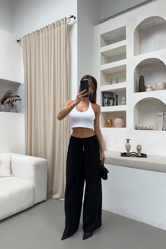 Beli Bağcıklı Geniş Paça Pantolon Siyah