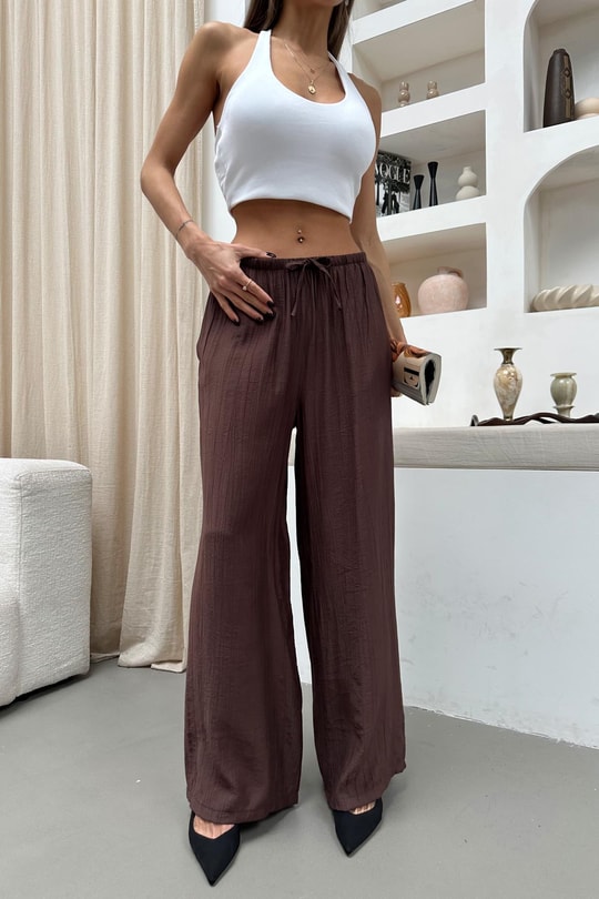 Beli Bağcıklı Geniş Paça Pantolon Kahve