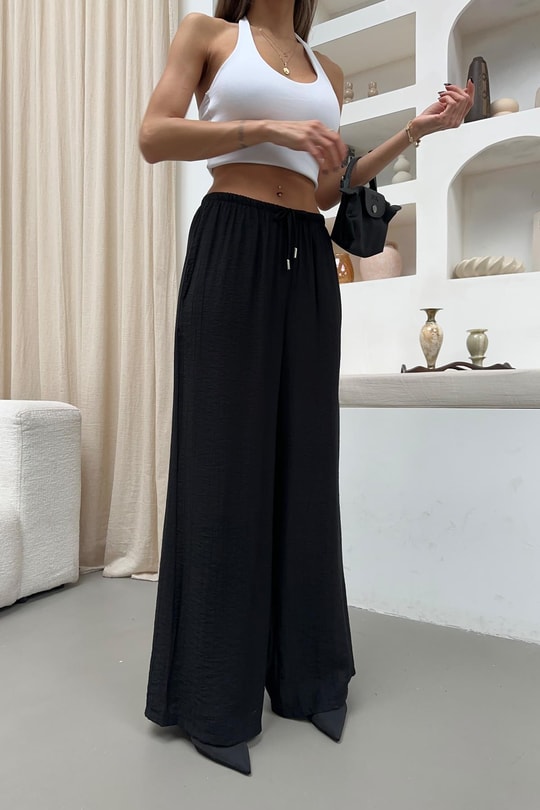 Beli Bağcıklı Geniş Paça Pantolon Siyah