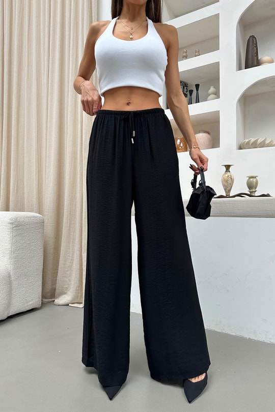Beli Bağcıklı Geniş Paça Pantolon Siyah