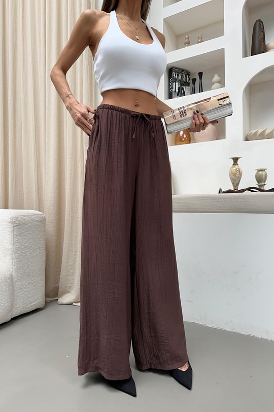 Beli Bağcıklı Geniş Paça Pantolon Kahve