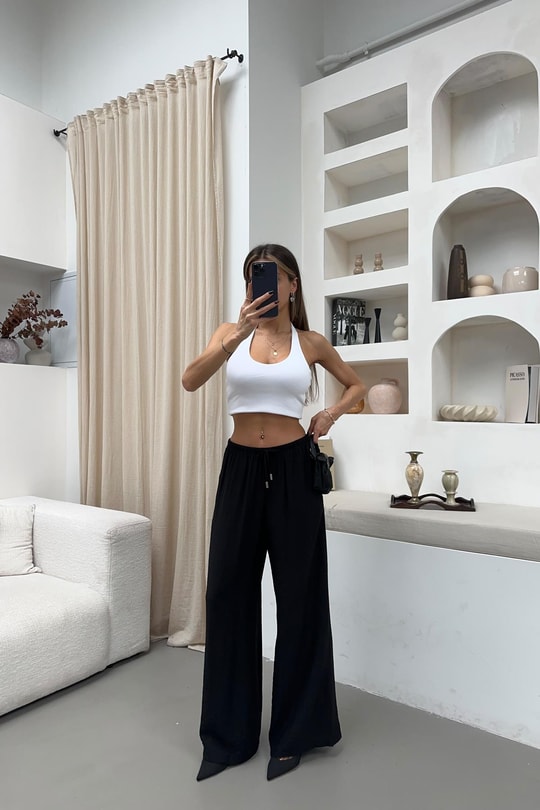 Beli Bağcıklı Geniş Paça Pantolon Siyah