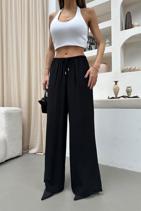 Beli Bağcıklı Geniş Paça Pantolon Siyah