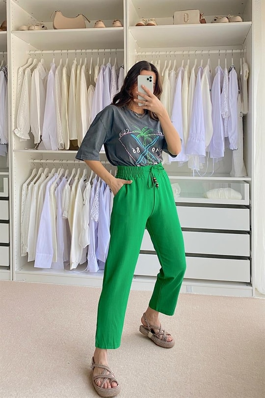 Beli Bağcıklı Keten Pantolon Yeşil
