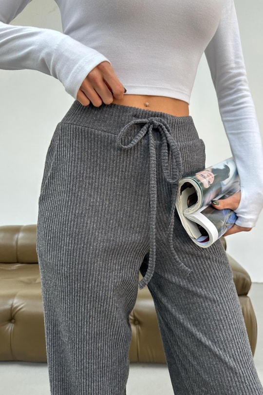 Beli Bağlamalı Triko Pantolon Füme