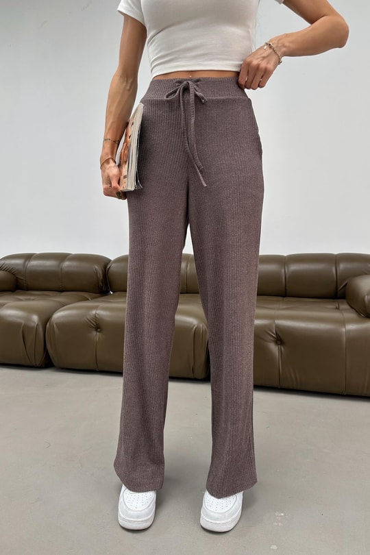 Beli Bağlamalı Triko Pantolon Vizon