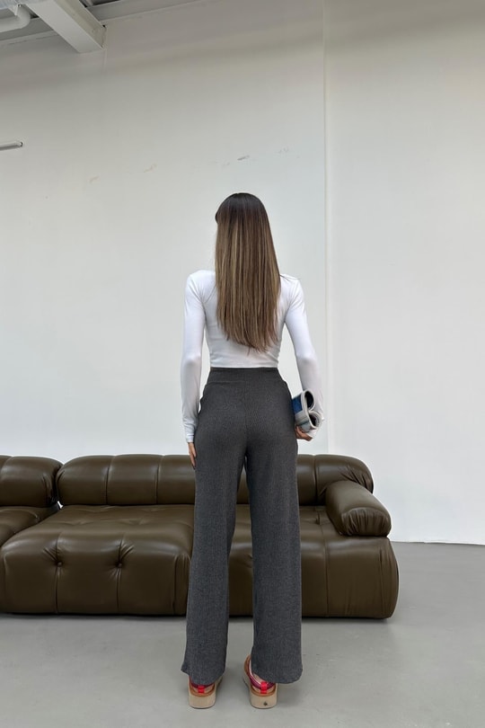 Beli Bağlamalı Triko Pantolon Füme