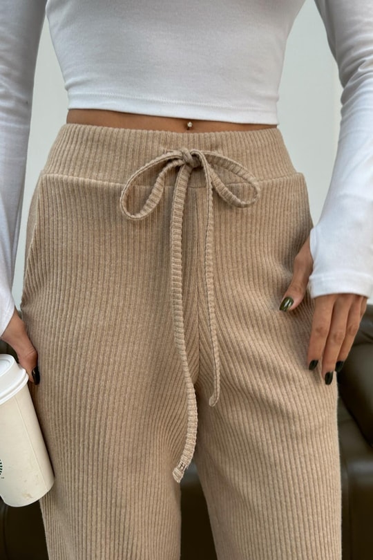 Beli Bağlamalı Triko Pantolon Bej