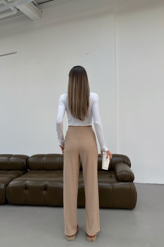 Beli Bağlamalı Triko Pantolon Bej