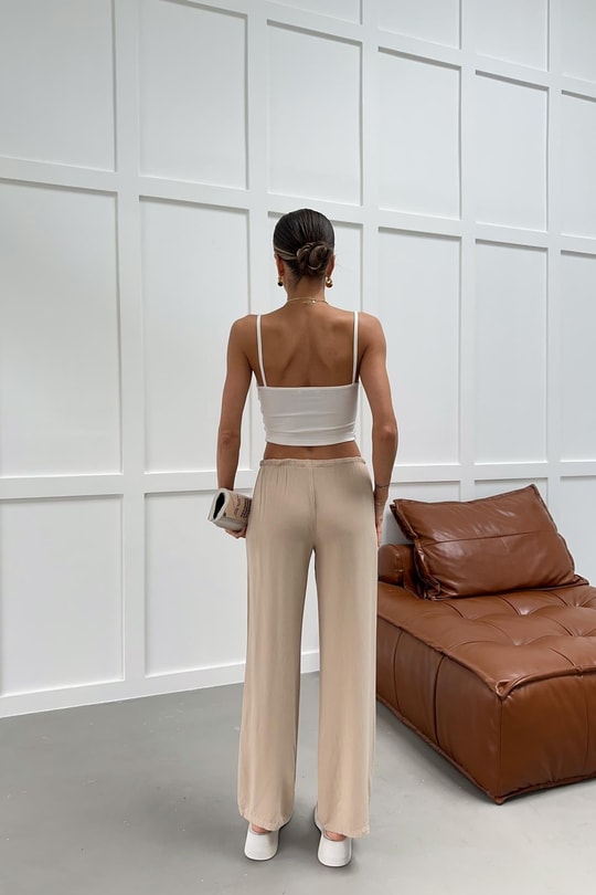 Beli Bağlamalı Viskon Pantolon Vizon