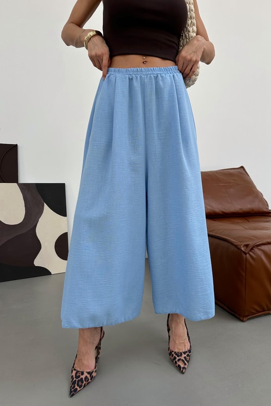 Beli Lastik Geniş Paça Pantolon Mavi