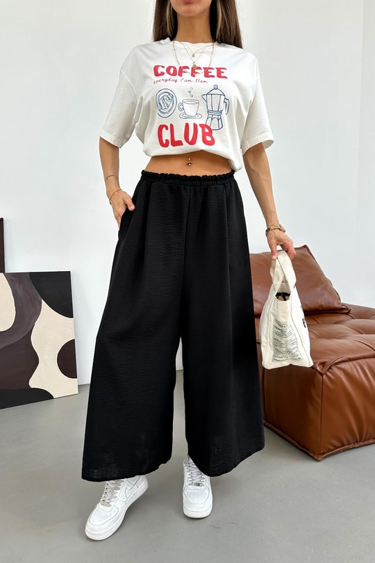 Beli Lastik Geniş Paça Pantolon Siyah