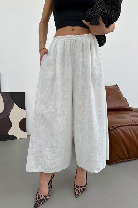 Beli Lastik Geniş Paça Pantolon Beyaz