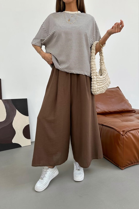 Beli Lastik Geniş Paça Pantolon Kahve