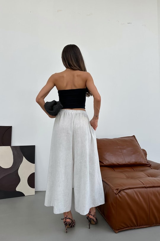 Beli Lastik Geniş Paça Pantolon Beyaz
